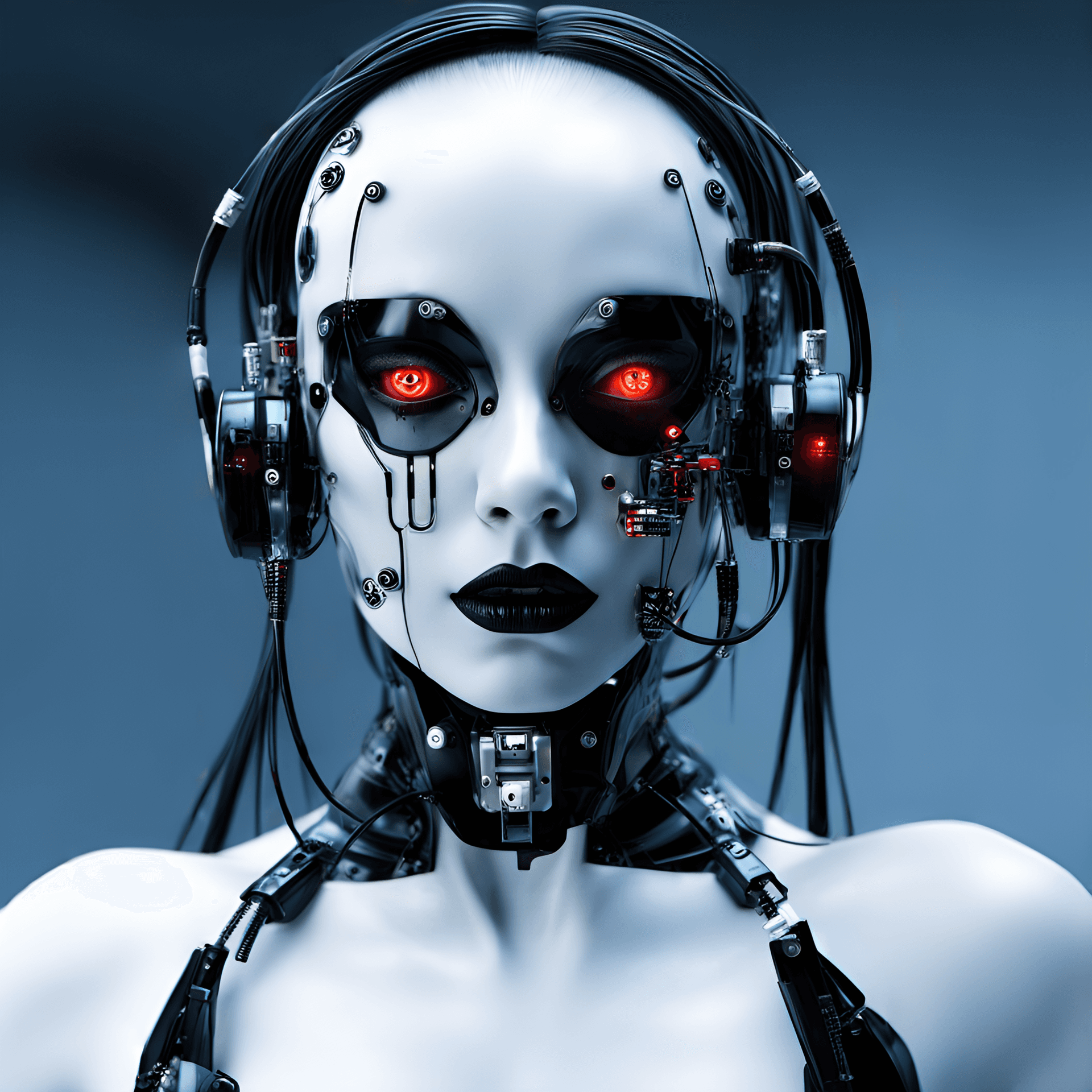 AI generated: sexy cybernetic robot, hybrid woman, robotic face with circuits, sleek design, transparent exoskelet...