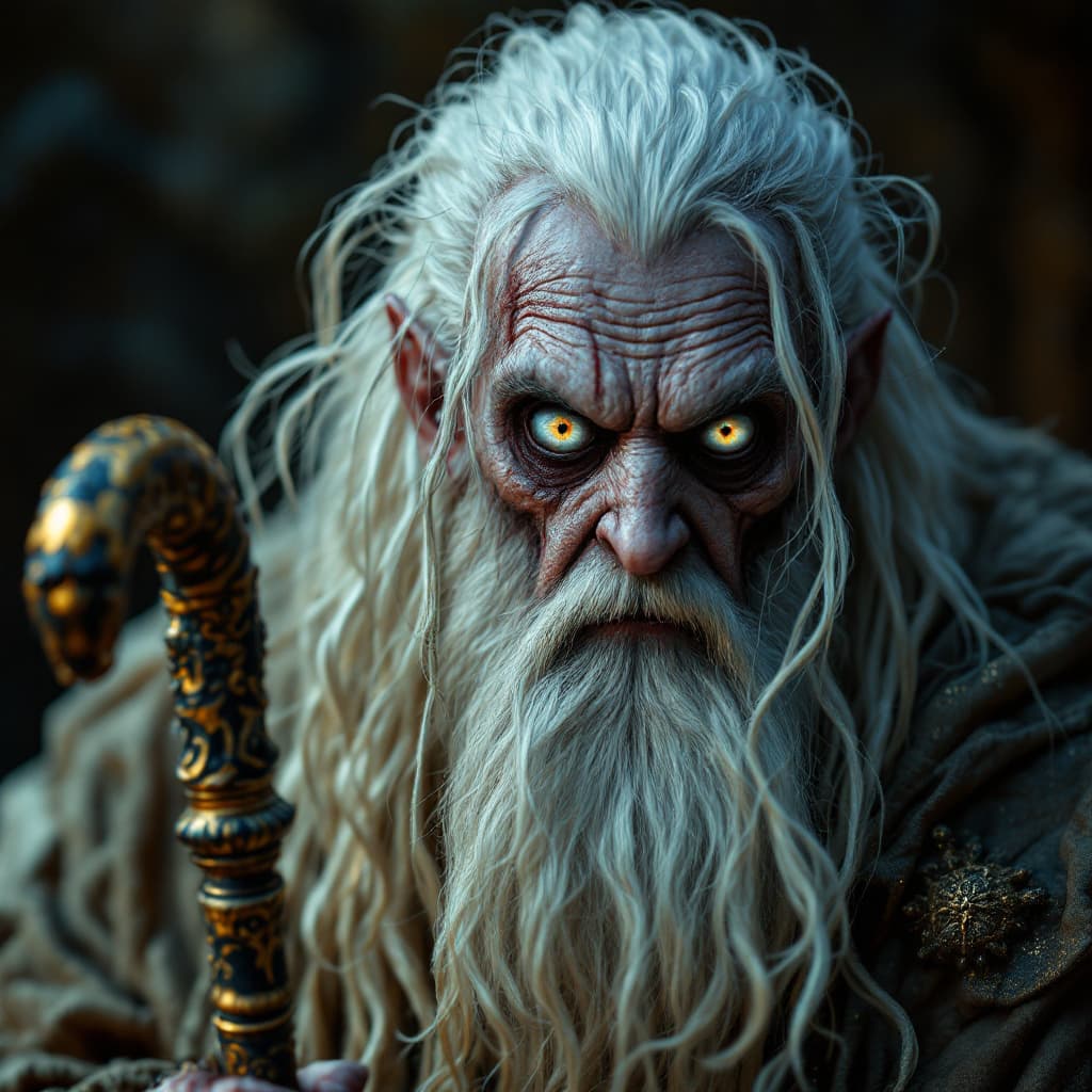 AI generated: hyper-realistic (fabled character tale1:3) from the lord of the rings kingdom, holding s mytic cane....