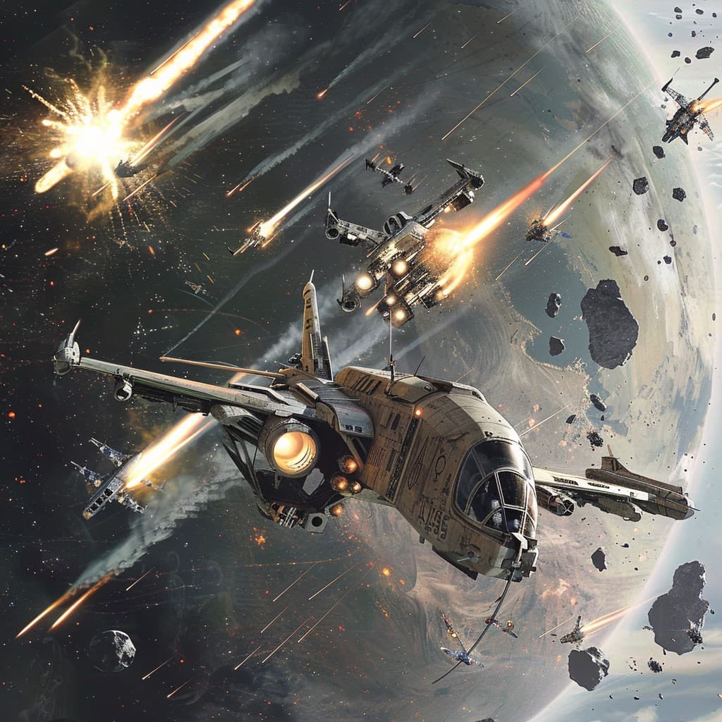 AI generated: 
scif space fighters in a dogfight over a airless moon, fighters shooting, missiles flying, explosi...