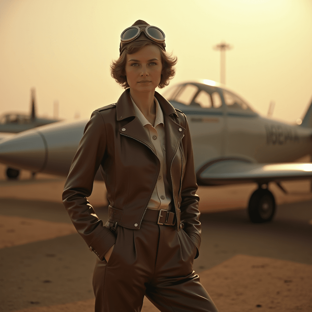 AI generated: A 1930s vintage portrait of Amelia Earhart, the pioneering female pilot, standing confidently beside...