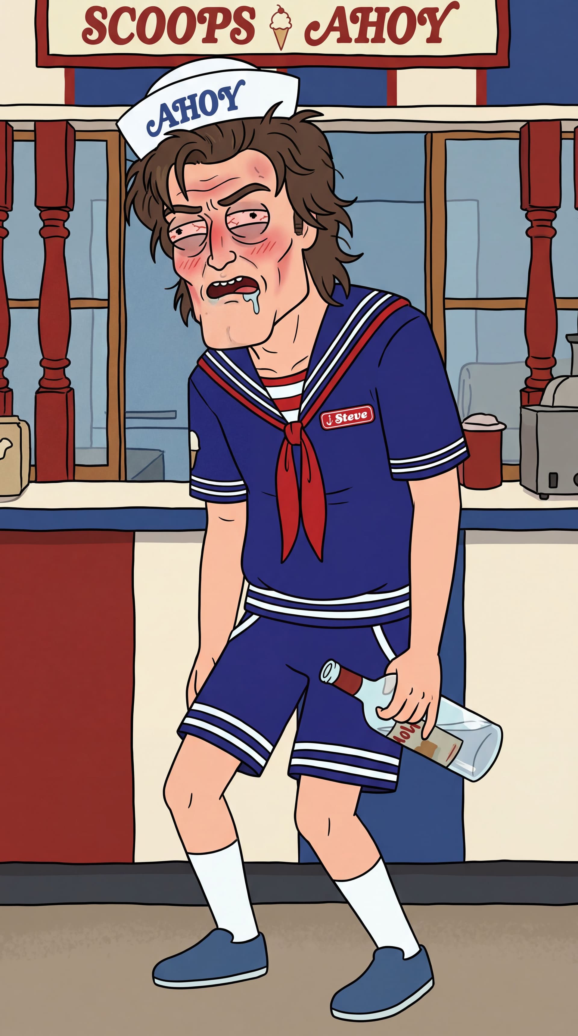 AI generated: Generate full-body Stranger Things  characters Steve Harrington in the iconic Rick and Morty animati...