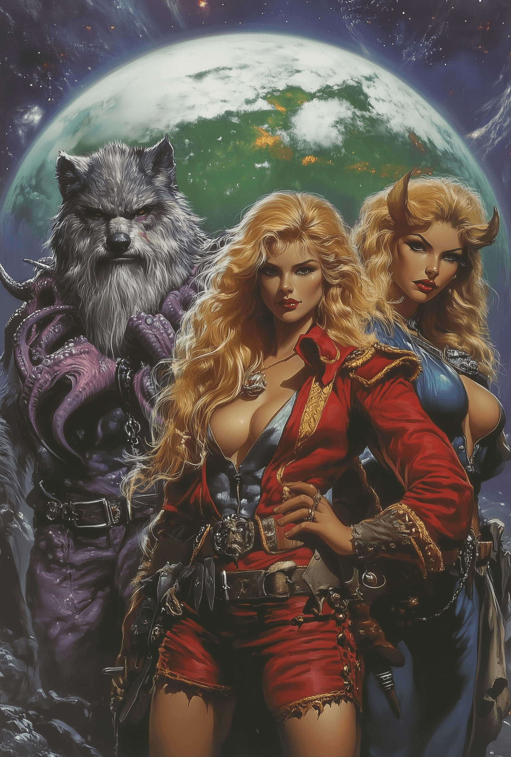 AI generated: **A cover of an old fantasy book about werewolves, three women and one man in the foreground wearing...