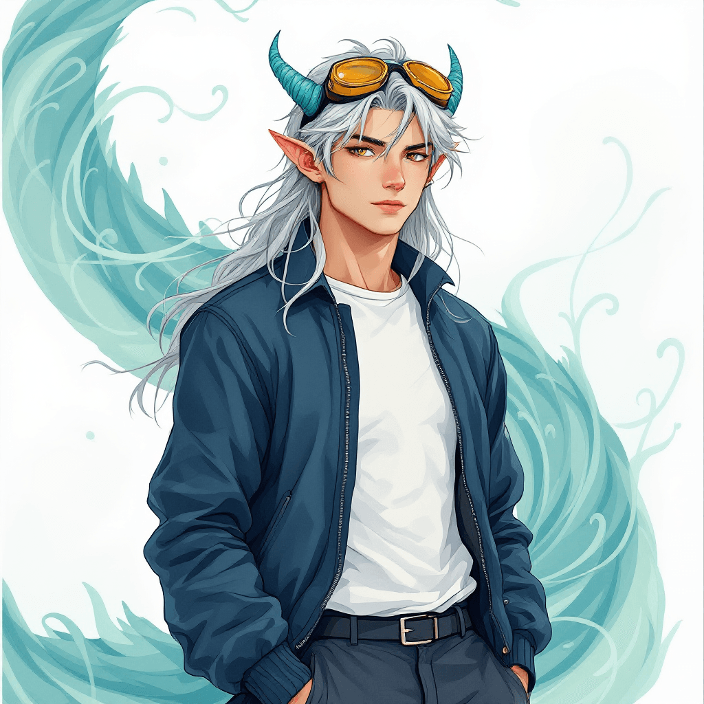AI generated: A light-skinned, young male elf with delicate blue-green horns and a matching blue-green dragon tail...