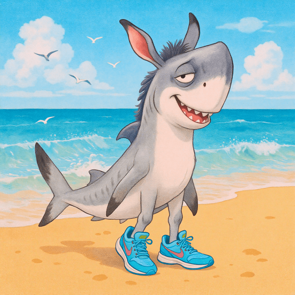 AI generated: A whimsical illustration of a cheerful donkey standing on the beach wearing bright blue Nike sneaker...
