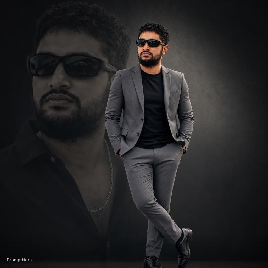 AI generated: "A stylish young man wearing a modern slim-fit grey suit with a black t-shirt inside, standing confi...