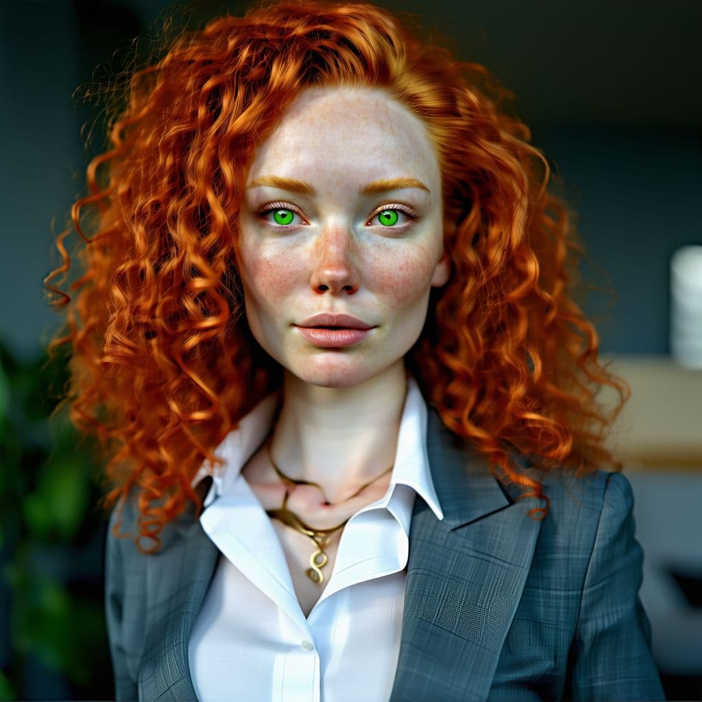 AI generated: realistic full-size woman with orange curly hair and green eyes wearing a suit