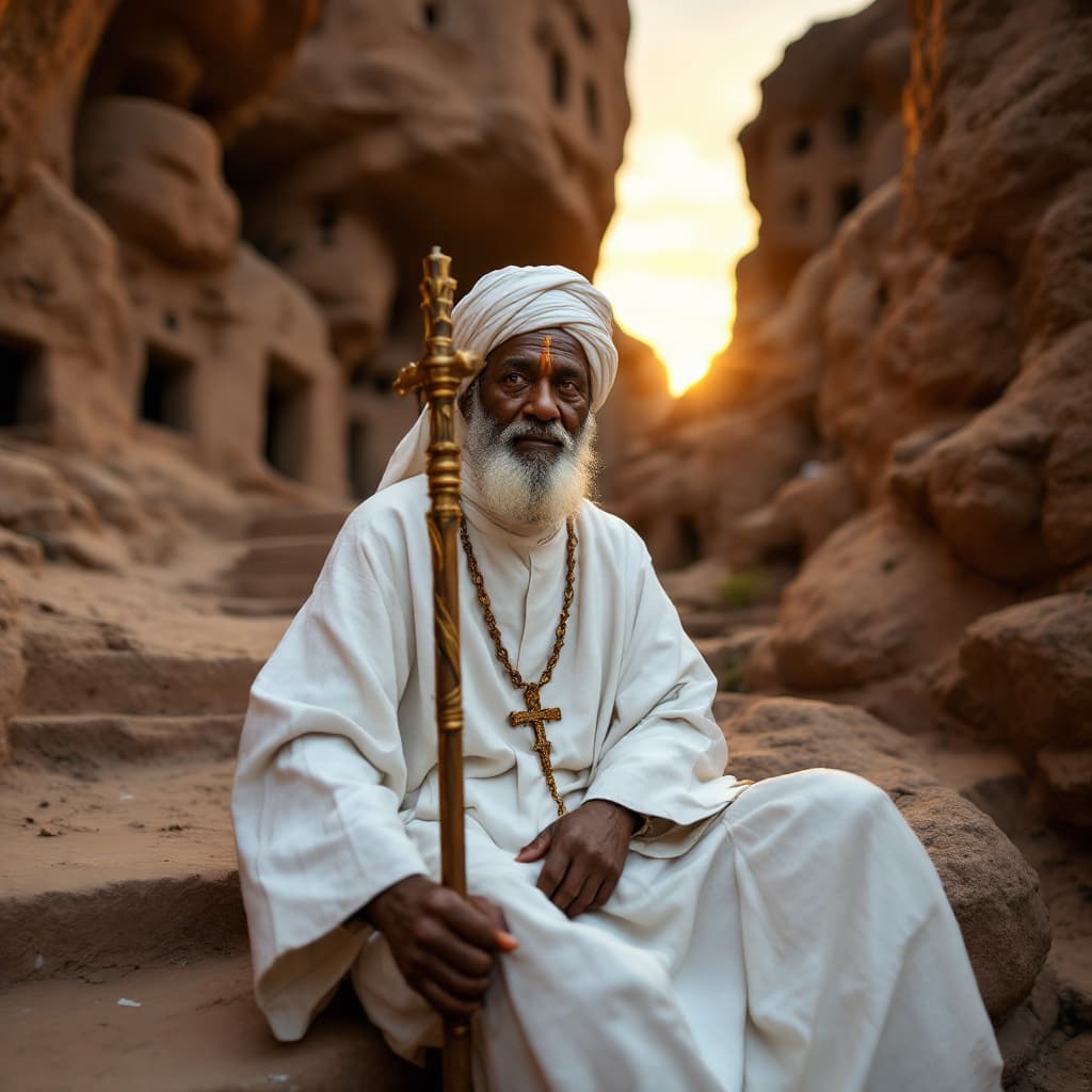 AI generated: Before the camera, an Ethiopian elder Orthodox priest, wearing a white headwrap and robe, with a bea...