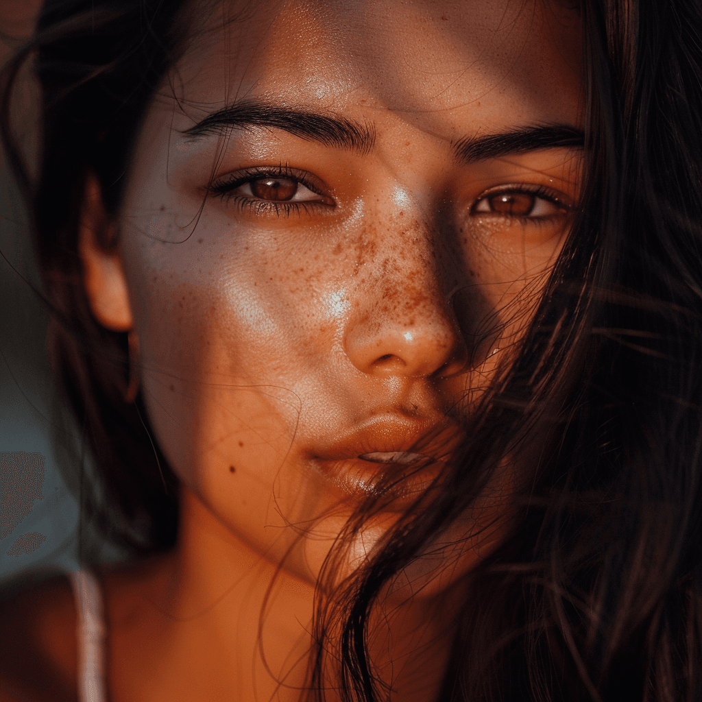 AI generated: up close portrait of stunning chilean woman, studio quality, evening light
