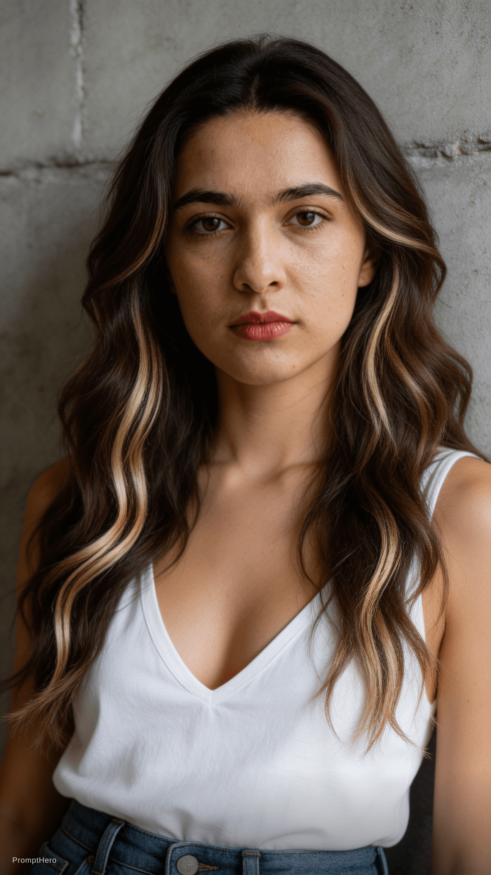 AI generated: A woman with long brunette highlighted blonde wavy hair and caucasian olive skin is captured in a ca...