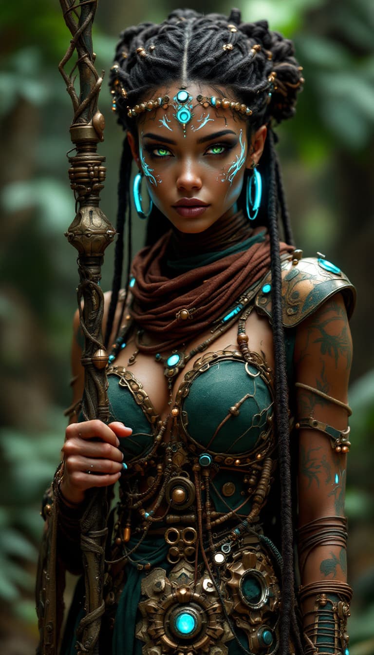 AI generated: An ultra-realistic, full-body portrait of a captivating cybernetic shaman woman, radiating spiritual...