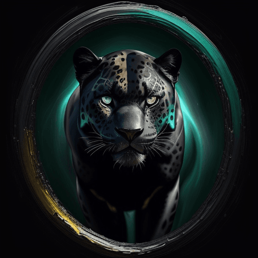 AI generated: envision an oil painting that captures the eye of a black jaguar, where the colors transcend reality...