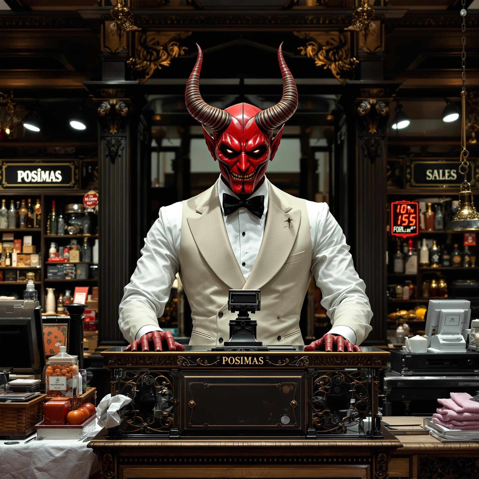 AI generated: posimas sales stand,attended by the devil,european elegant dress,cash register,no people,image front...