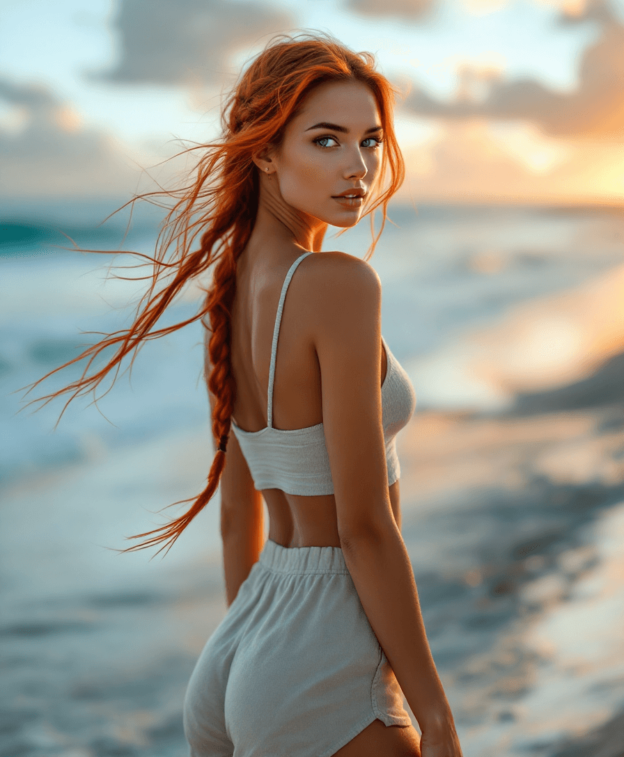 AI generated: A hyper-realistic full-body DSLR-style lifestyle photo of a fit young woman with long neon red in a ...