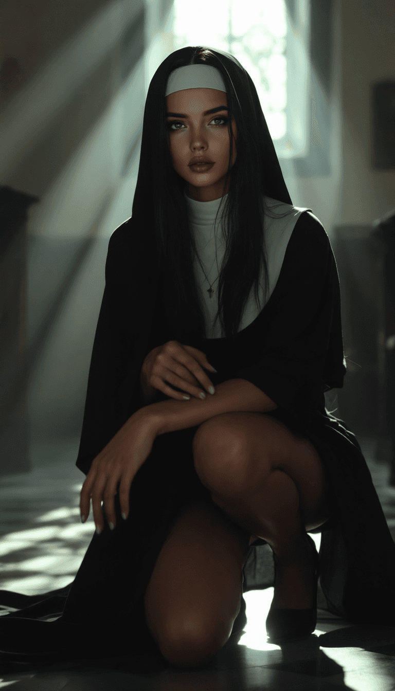AI generated: Hyper realistic full body view of beautiful 18yo nun, indigen Face, long legs, Long Black Hair, very...