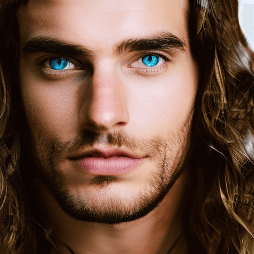 AI generated: frontal closeup view of a long-haired model, handsome, light blue eyes, authentic, editorial, soft l...