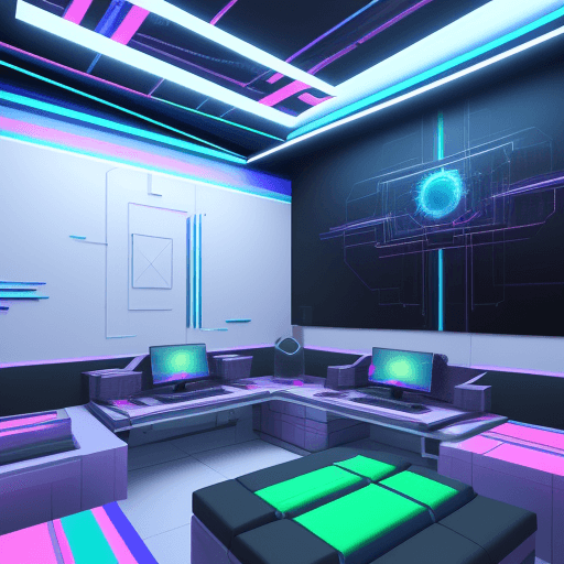 AI generated: Futuristic 3D virtual corner with floating canvases, brushes, color palettes, video cameras, film ro...