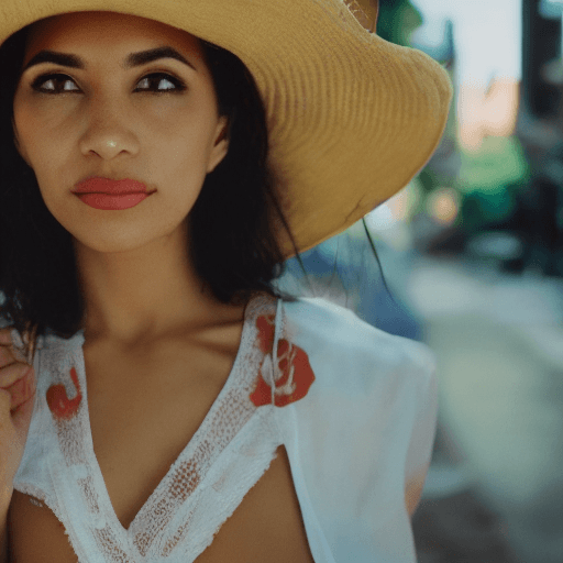 AI generated: editorial photo of a fully dressed latina woman, skin glowing, shot on Fujifilm Superia 400, Short L...