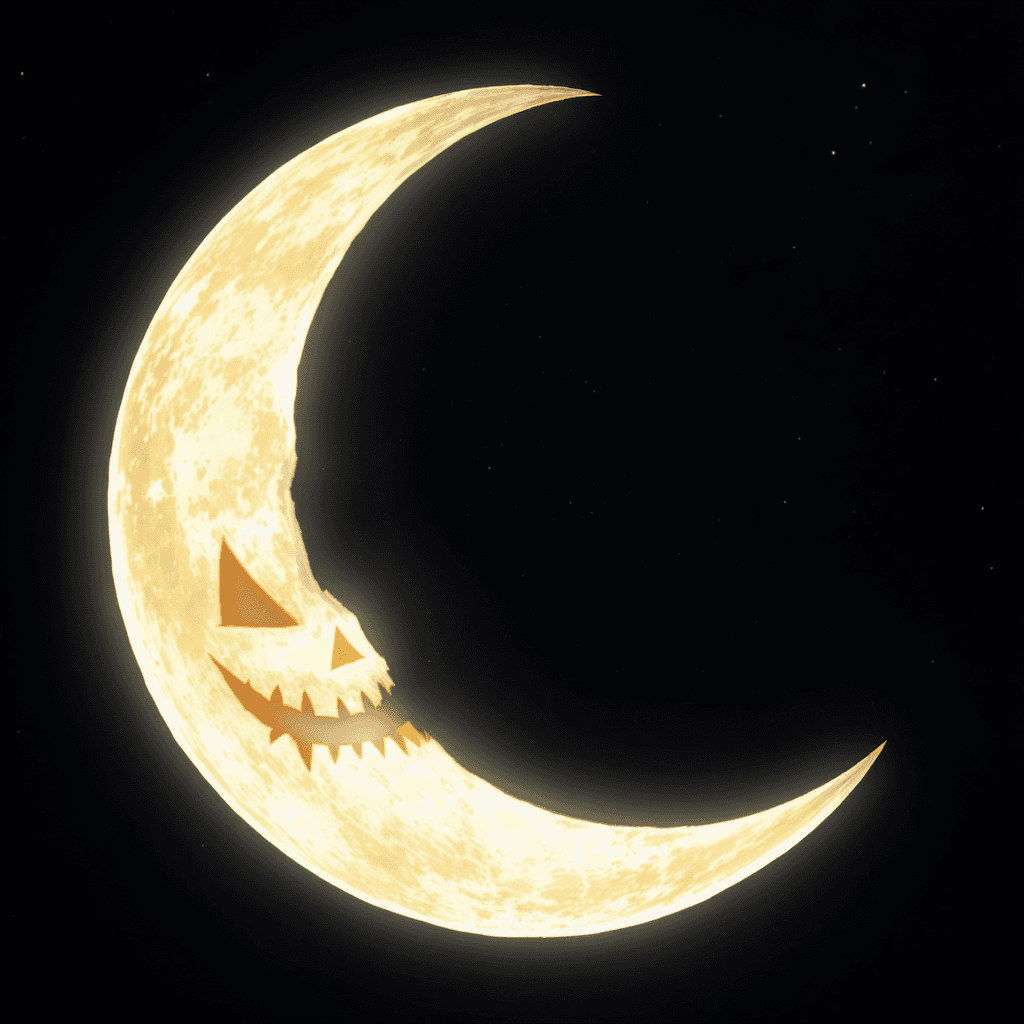 AI generated: A crescent moon carved with a jack-o’-lantern grin, glowing in the night sky while witches fly in si...