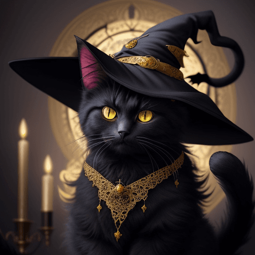 AI generated: Witchy fluffy cat, wearing a Witch hat, ultra detailed, hyperrealism, epic, opulent, majestic, filig...