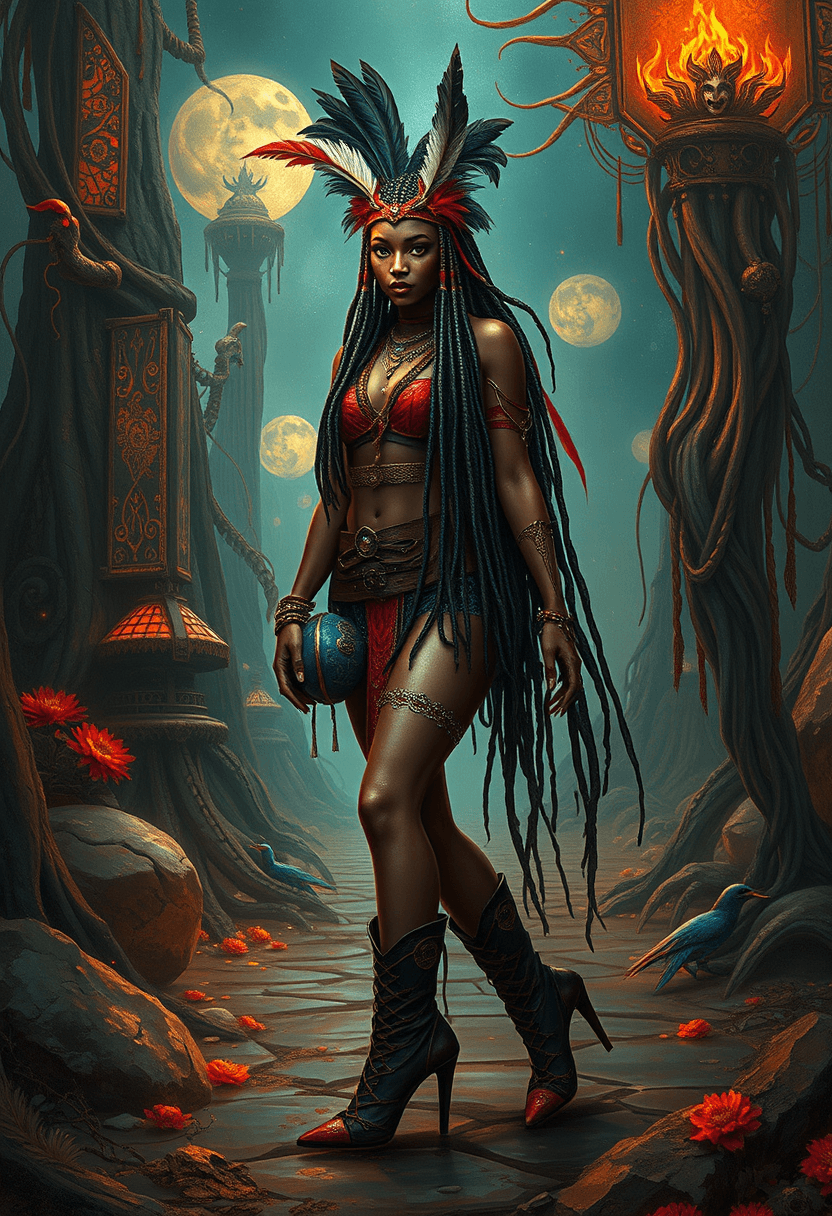 AI generated: illusion of a indigenous girl in 100 years later, with a red black harness on top, long dread hair w...