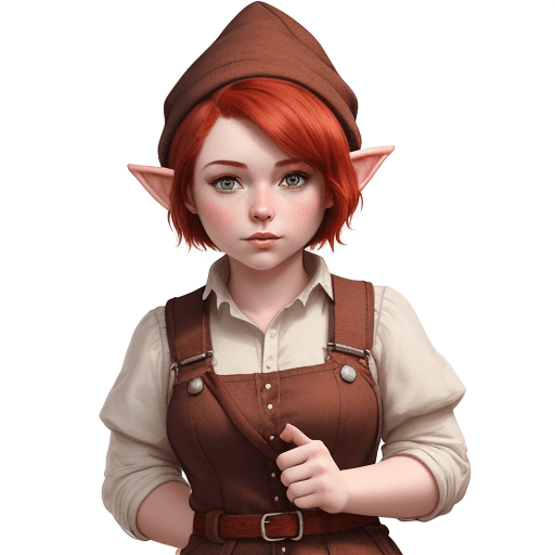 AI generated: young gnome woman with short red hair, wearing simple country clothes in fantasy style on white back...