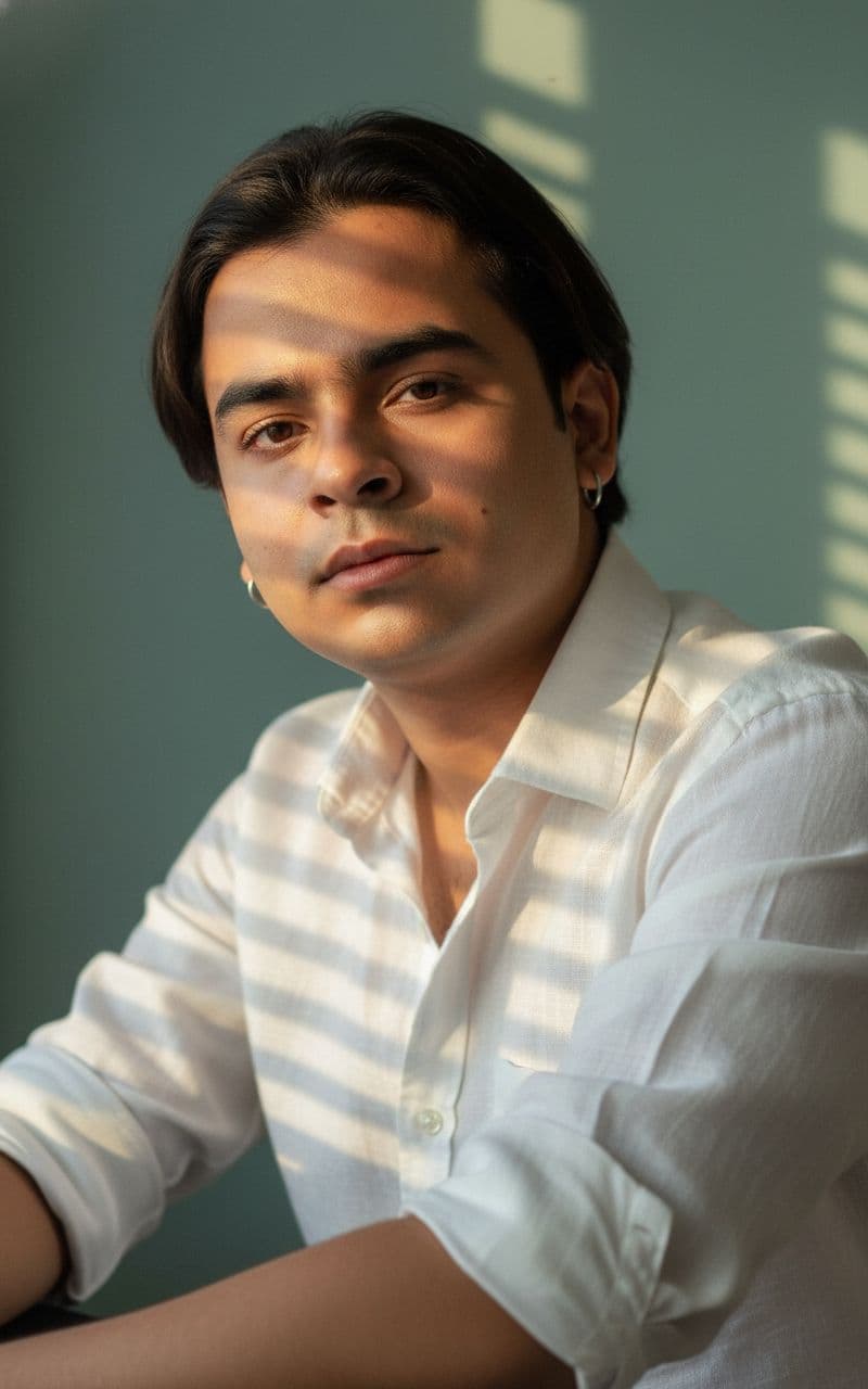 AI generated: Close-up portrait of A handsome, stylish young man with . He wears one small, silver hoop earring in...