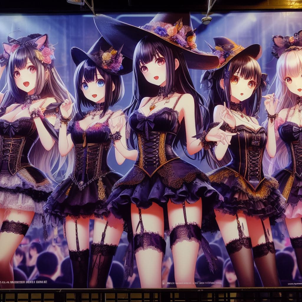AI generated: A Group of Beautiful Anime Witches as a Musical KPOP BAND at a concert, wearing fashion designed for...