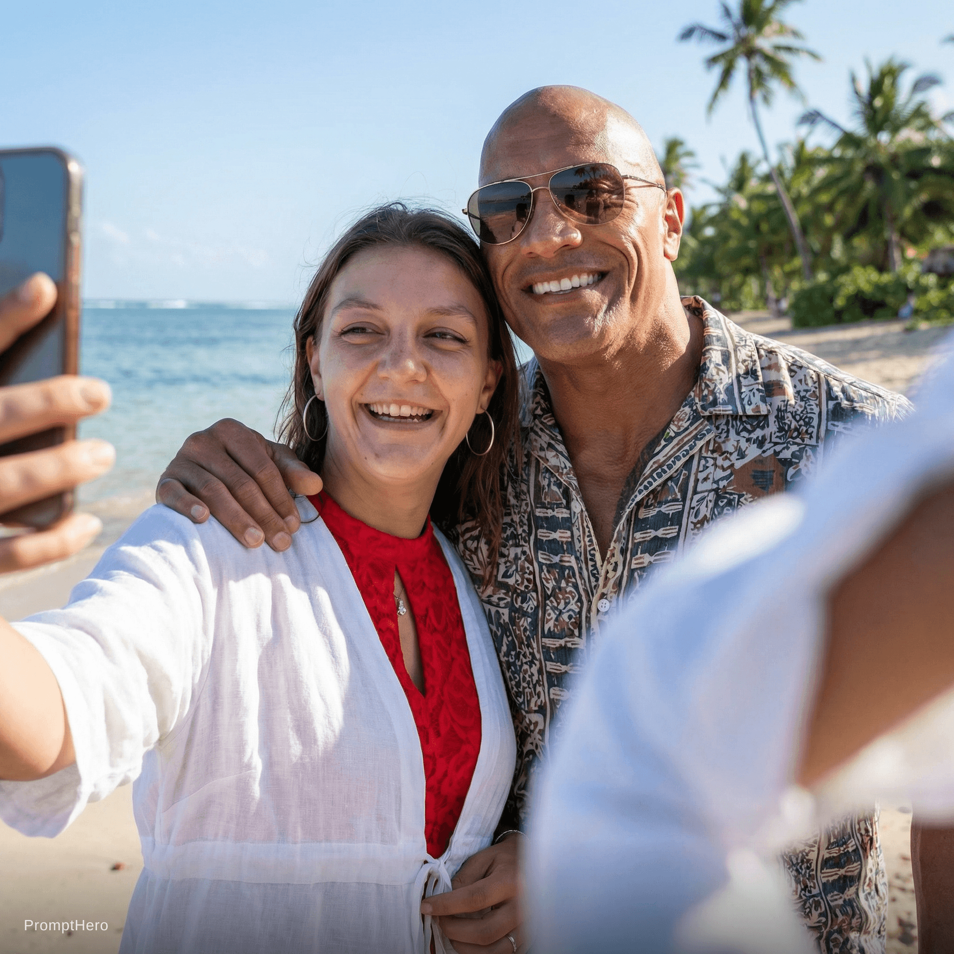 AI generated: with Dwayne Johnson at a tropical beach, sunny day, both smiling