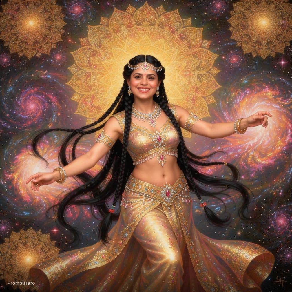 AI generated: 
A radiant Hindu goddess with long, flowing black hair styled in intricate braids, her toned and cur...