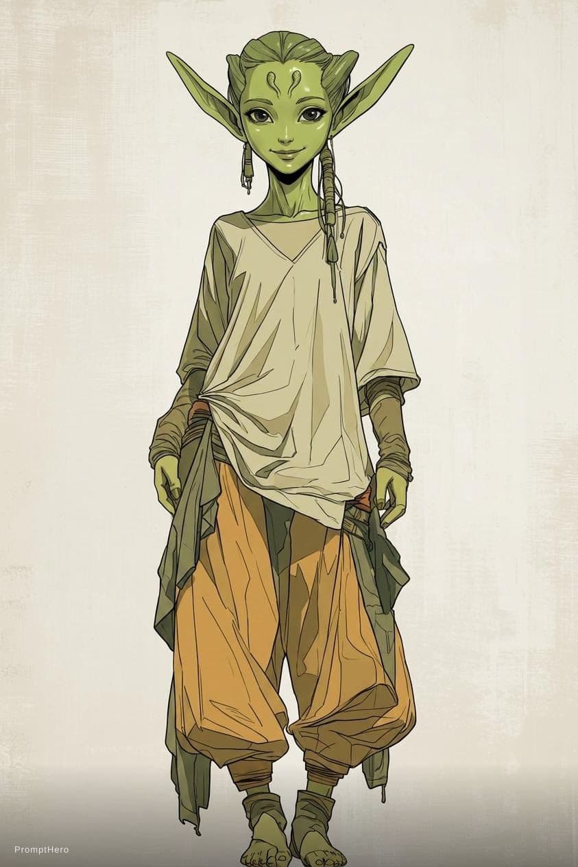 AI generated: Full body standing pose, a petite graceful humanoid woman with smooth green-tinted skin and a subtle...