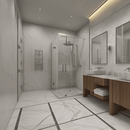 AI generated: photorealistic,8k,16k,front view,bathroom,modern,wc,marble floors,shower cabin,lights,just one showe...