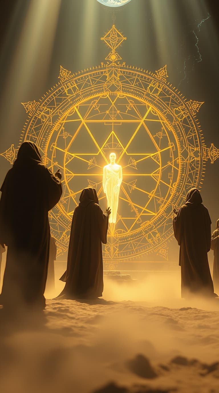 AI generated: Volumetric lighting, dramatic cinematic style: Ancient robed figures constructing a new Earth with g...