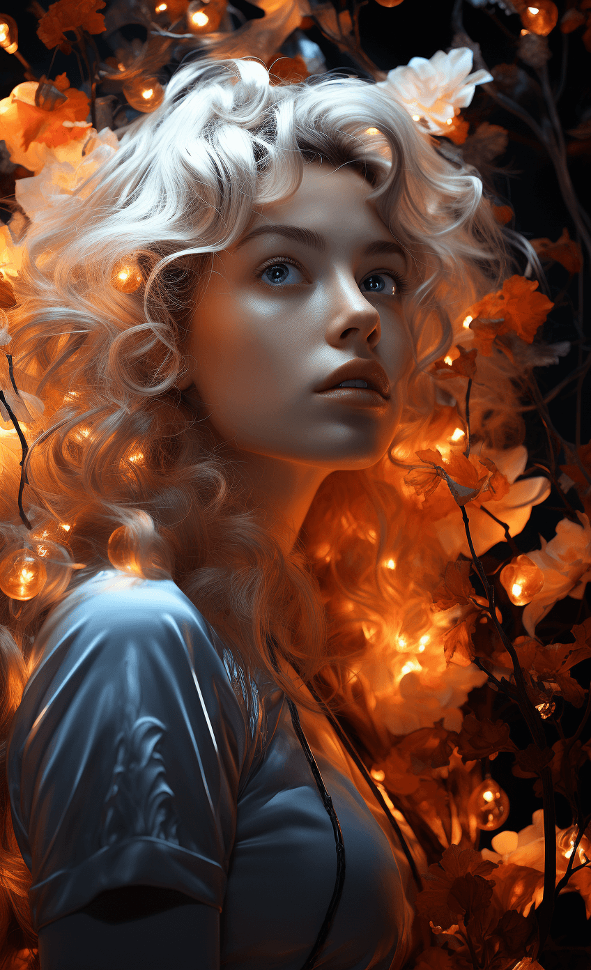 AI generated: her face is glowing with white lights, in the style of fantasy illustrations, 32k uhd, figurative pr...