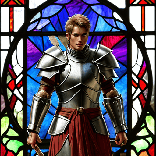 AI generated: Male warrior, with spear armor made from stained glass