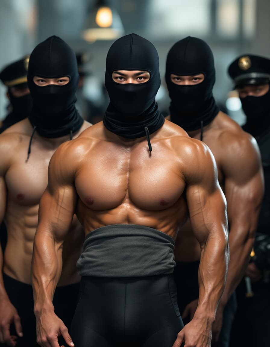 AI generated: Three muscular masculine handsome male Asian Chinese olympic swimmers demonstrate how to wear tight ...