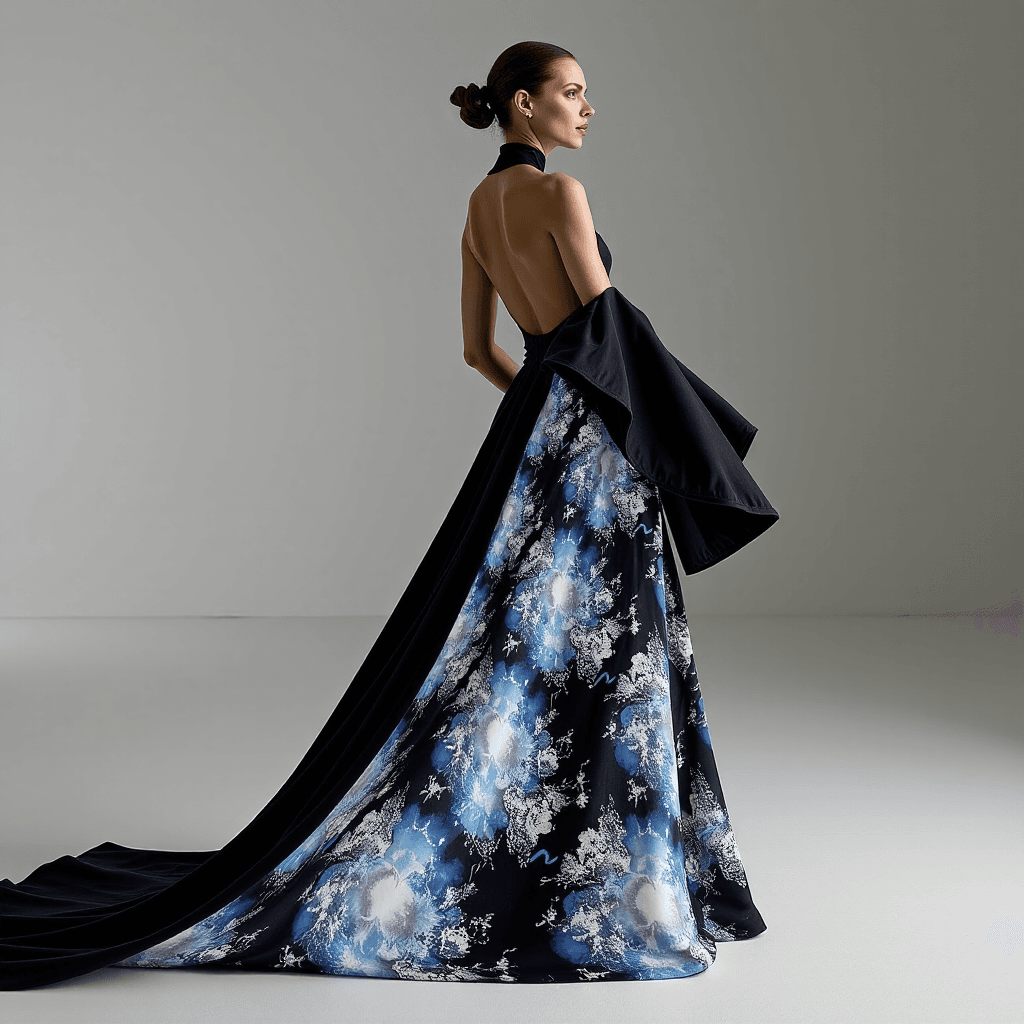 AI generated: A high-fashion, editorial photograph. A model wears an avant-garde gown that appears to be made of l...