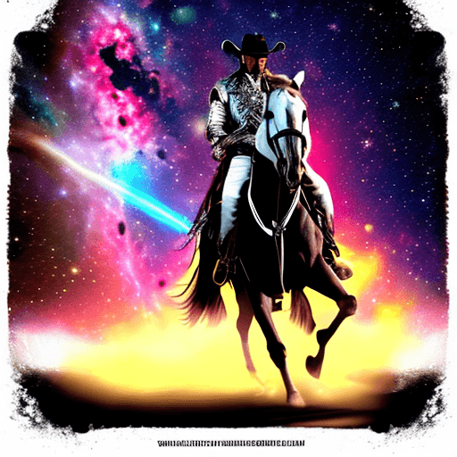 AI generated: A fearless space  serious face as a cowboy riding a sleek  white horse through a cosmic nebula, a tr...