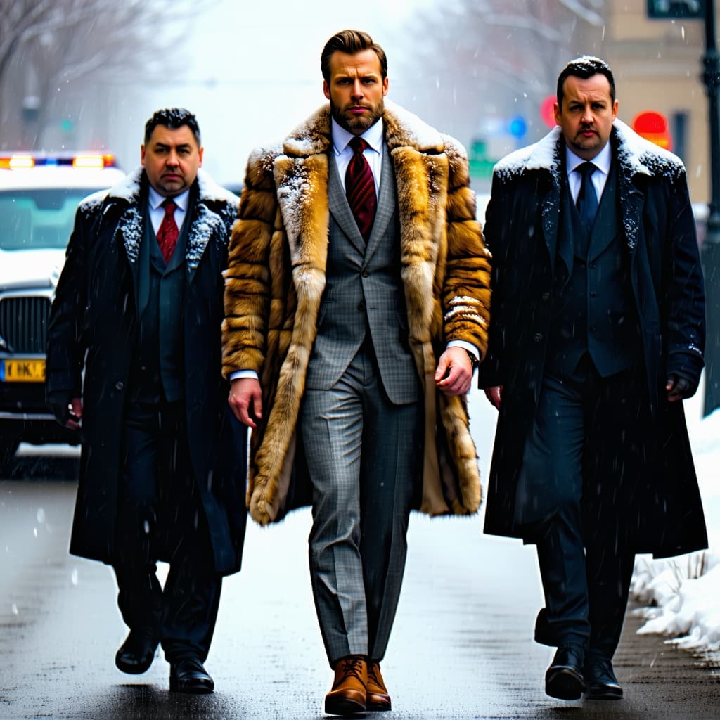 AI generated: A rich strong man, dressed in an expensive suit with fur, walking down the street in winter, accompa...