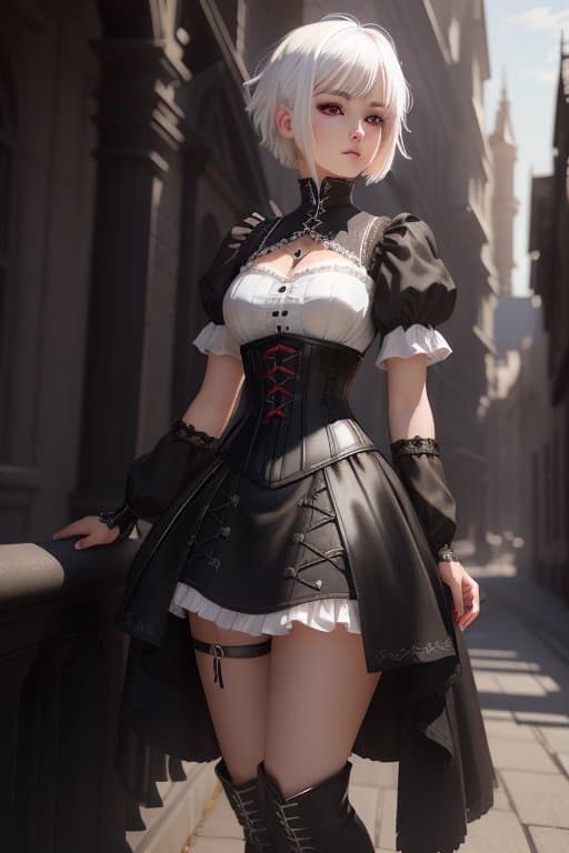 AI generated: anime, 1woman, white hair, short hair, red eyes, corset, dress like outfit, knee high black boots. g...