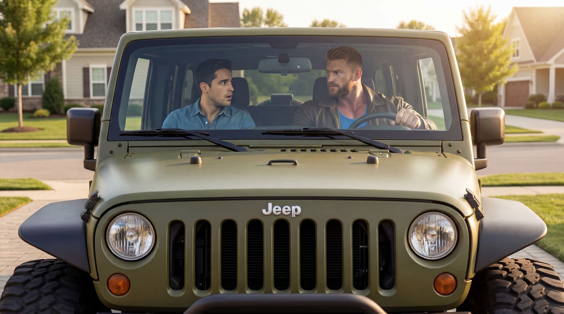 AI generated: In a nice sunny morning in a nice neighborhood. 
Inside a green olive Jeep. 
The Jeep has huge tires...