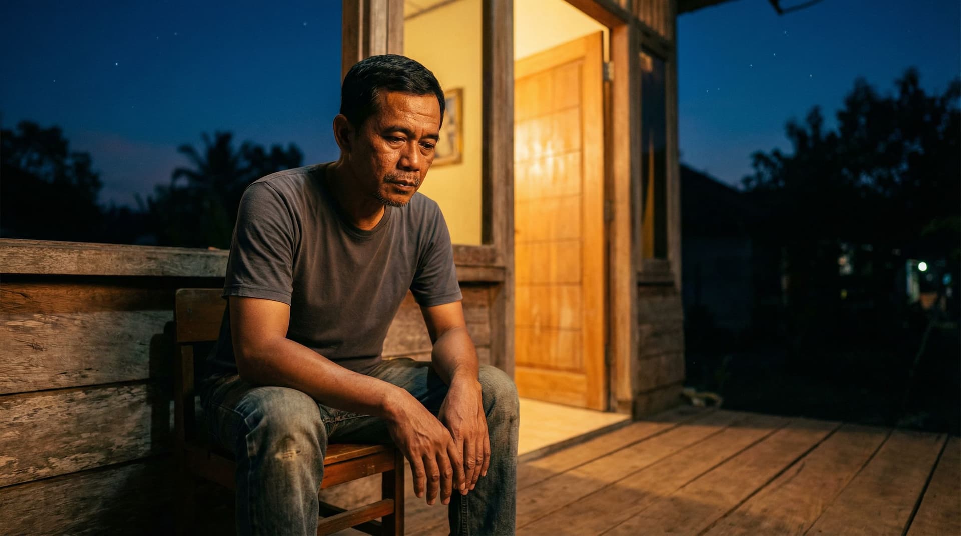 AI generated: Cinematic photo of an Indonesian man around 40 years old sitting alone on a small house terrace at n...