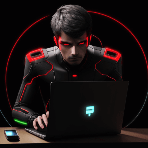 AI generated: man with work appearance, half body without face, using transparent laptop doing a speed test, speed...