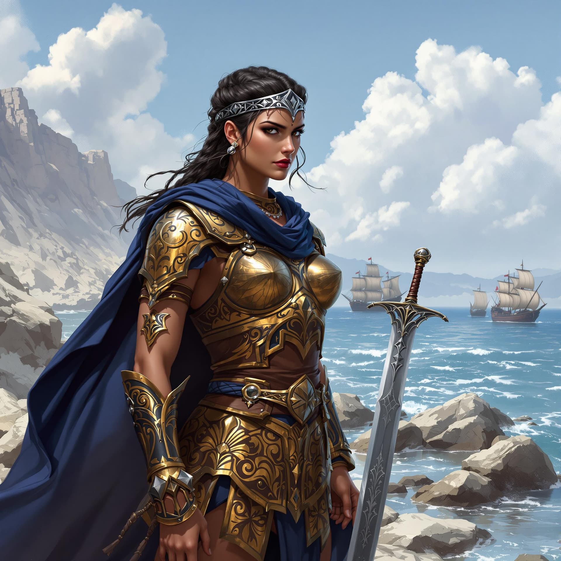 AI generated: a digital painting of Queen Teuta of Illyria stands on the rocky shore, watching Roman ships approac...