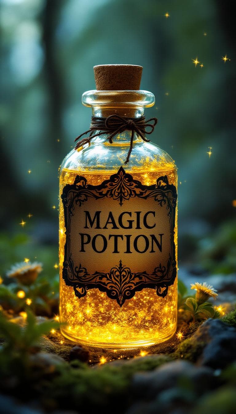 AI generated: Featuring a fantasy-themed scene of a glass potion bottle with a label that says "MAGIC POTION" <lor...