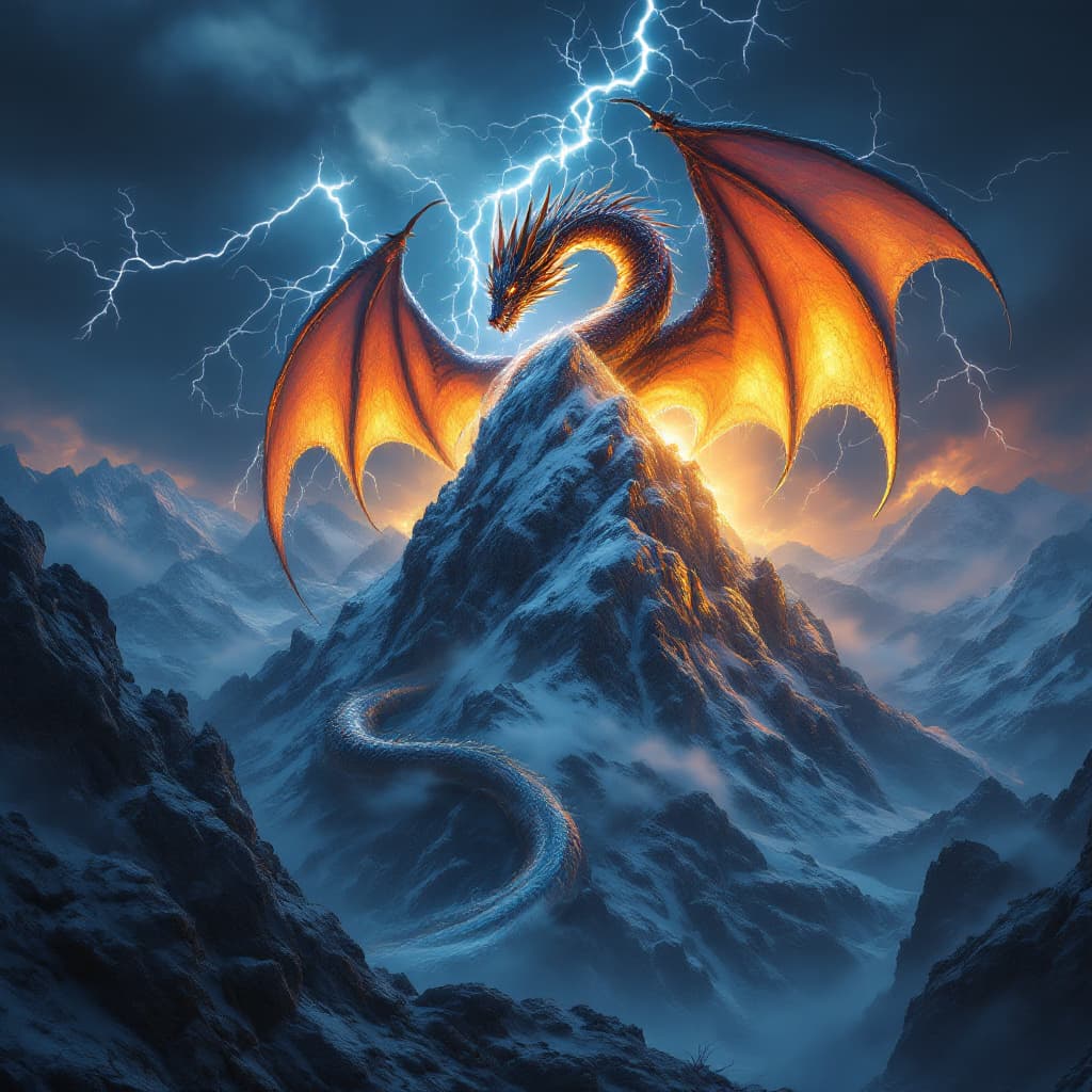 AI generated: 5.	a dragon curled around a mountain peak during a thunderstorm, lightning illuminating wings, hyper...