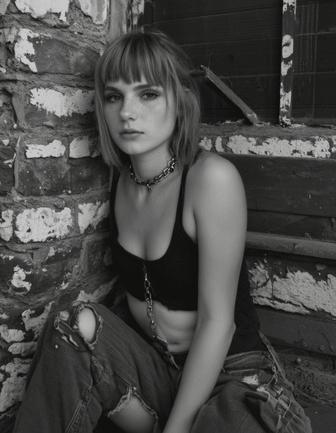 AI generated: a haunting black and white portrait of a punk rocker ina sports bra and torn jeans