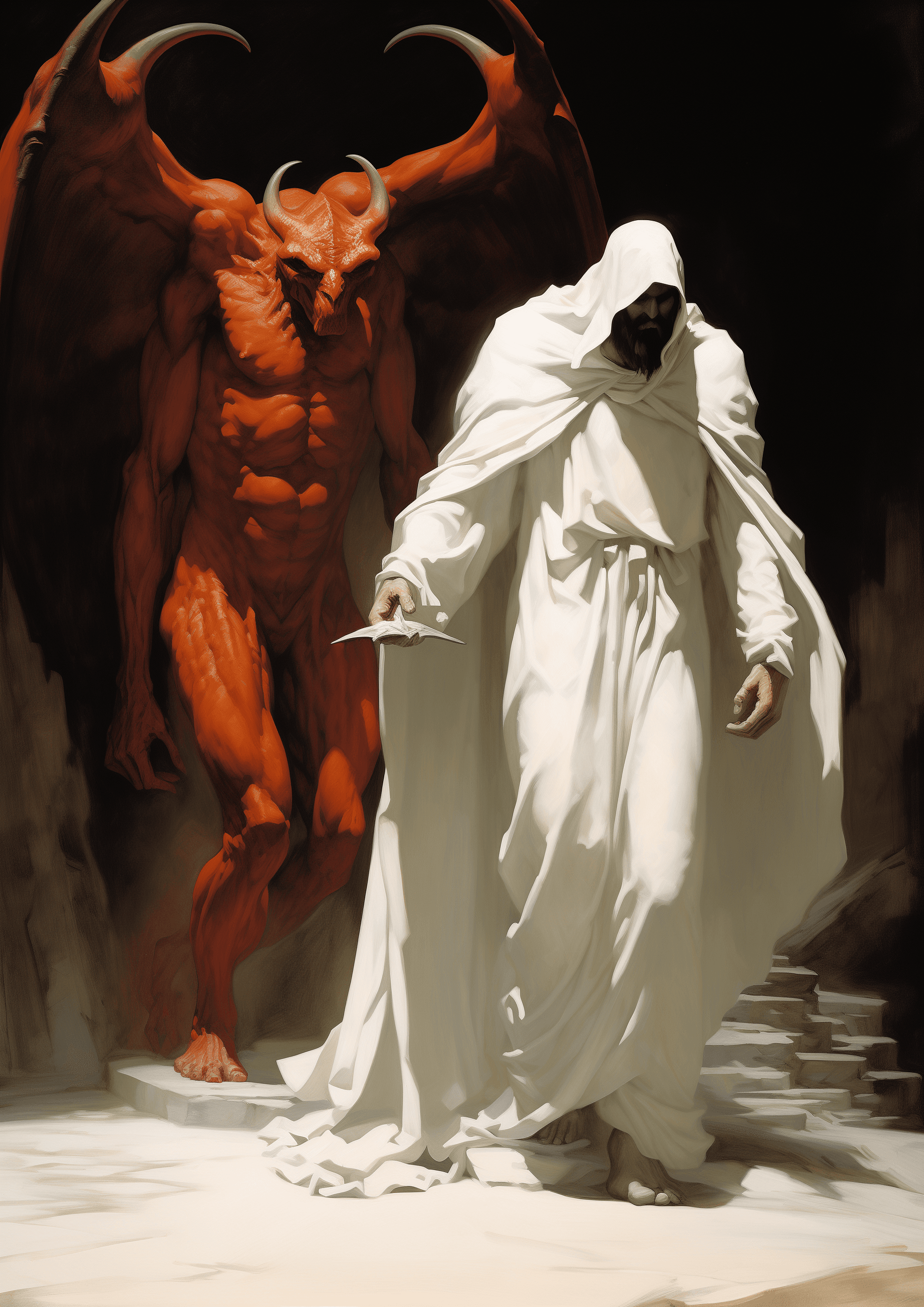 AI generated: A red devil with horns, wearing a white cloak and walking next to an angel in grey robes in the styl...