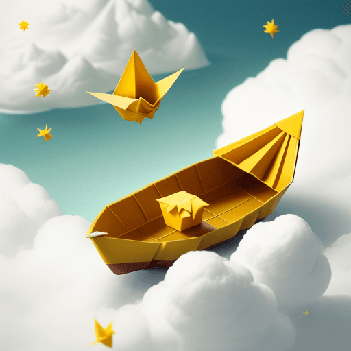 AI generated: a yellow origami boat floating on a white cloud with of it with a little star on top
