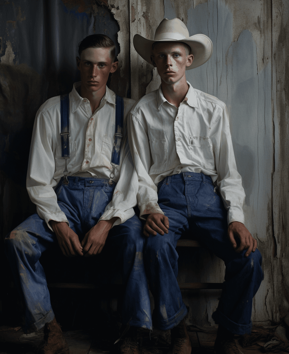 AI generated: two cowboys sitting in a shack, in the style of trendercore, white and indigo, fine feather details,...