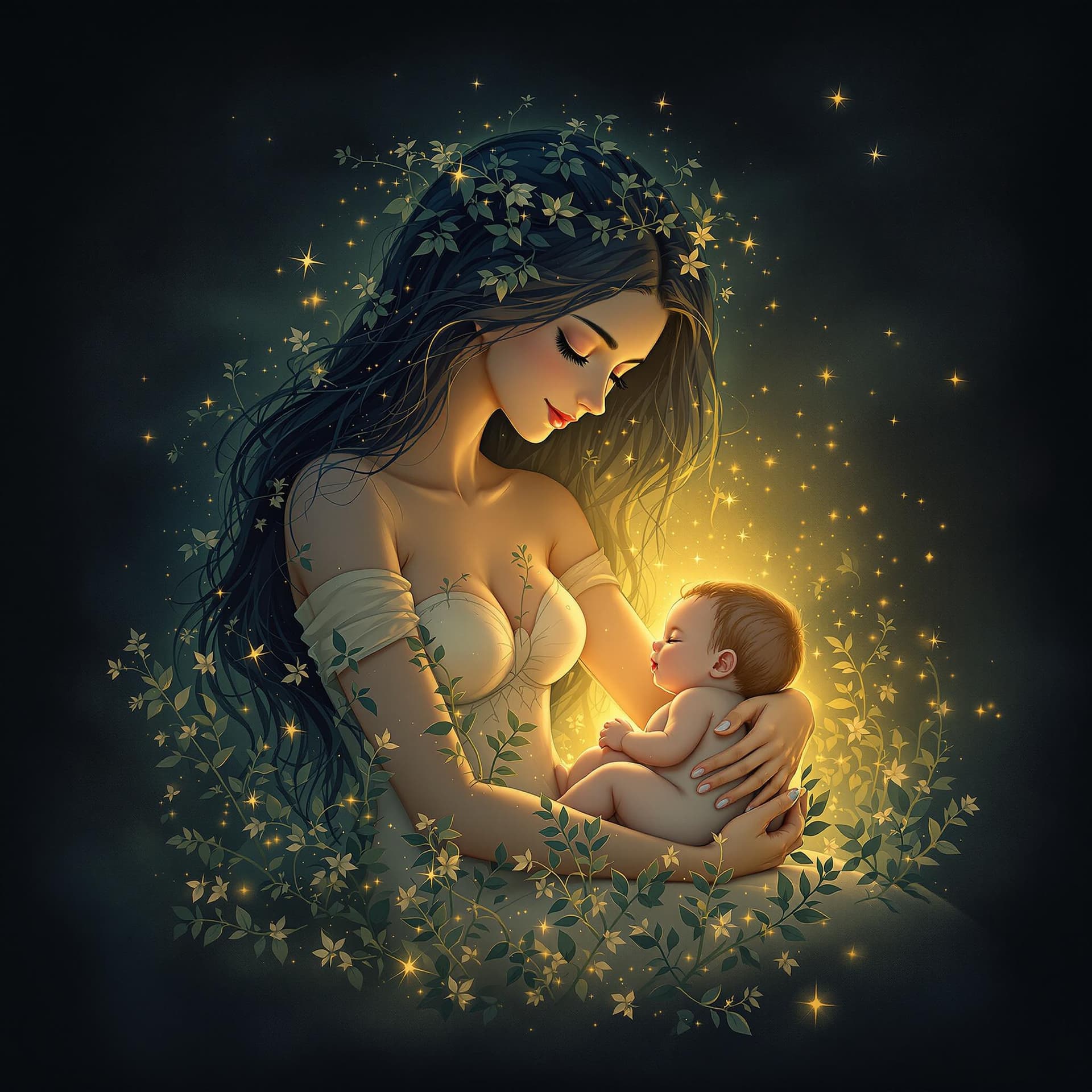 AI generated: Uma ilustração digital de uma fada, aparentemente uma mãe, com um bebê em seus braços, pousada em um...